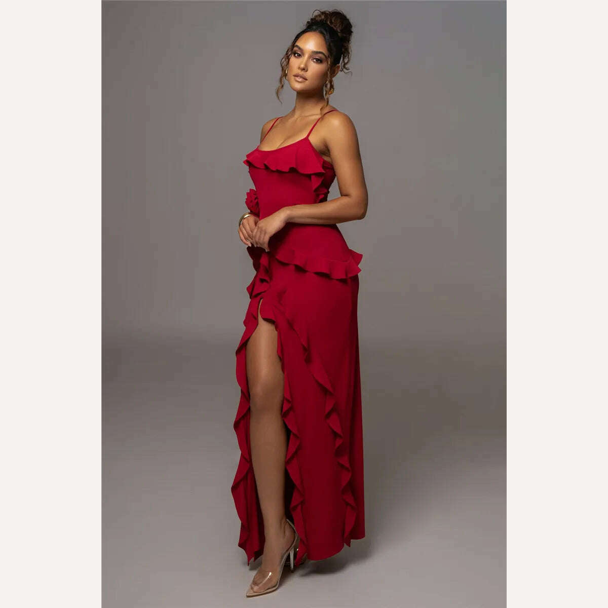 Mozision Elegant Ruffle Sexy Maxi Dress Women Spaghetti Strap Flower Sleeveless Backless High Split Club Party Evening Dress - KIMLUD