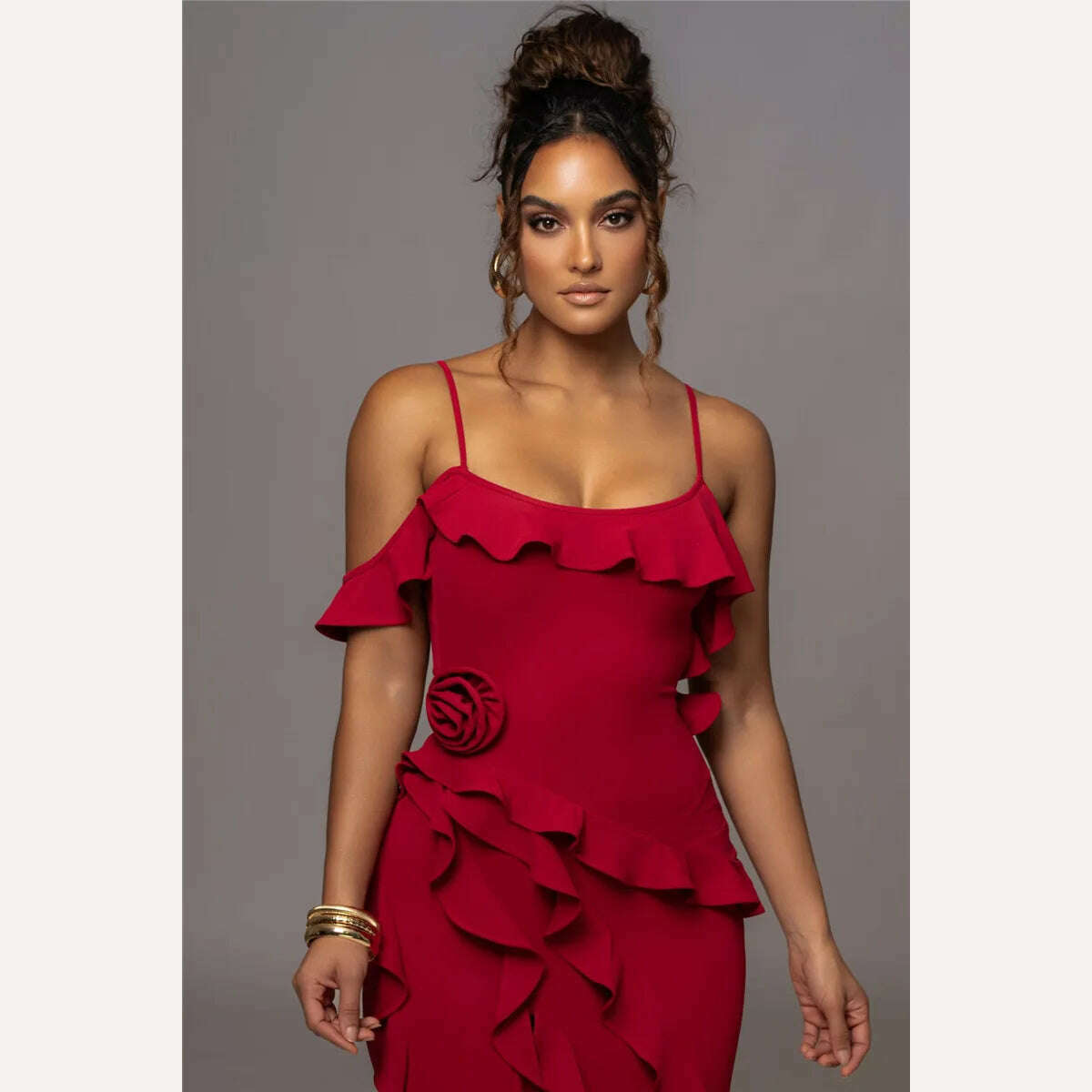 Mozision Elegant Ruffle Sexy Maxi Dress Women Spaghetti Strap Flower Sleeveless Backless High Split Club Party Evening Dress - KIMLUD