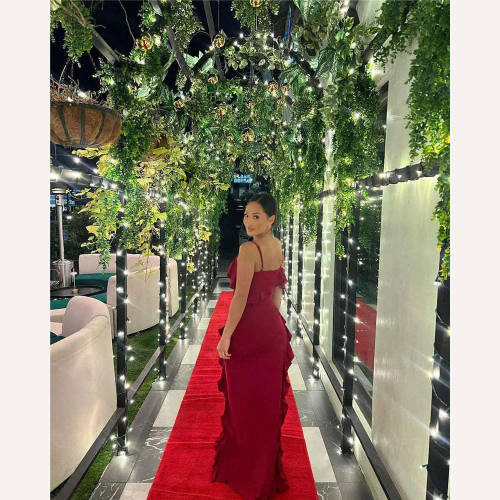 Mozision Elegant Ruffle Sexy Maxi Dress Women Spaghetti Strap Flower Sleeveless Backless High Split Club Party Evening Dress - KIMLUD