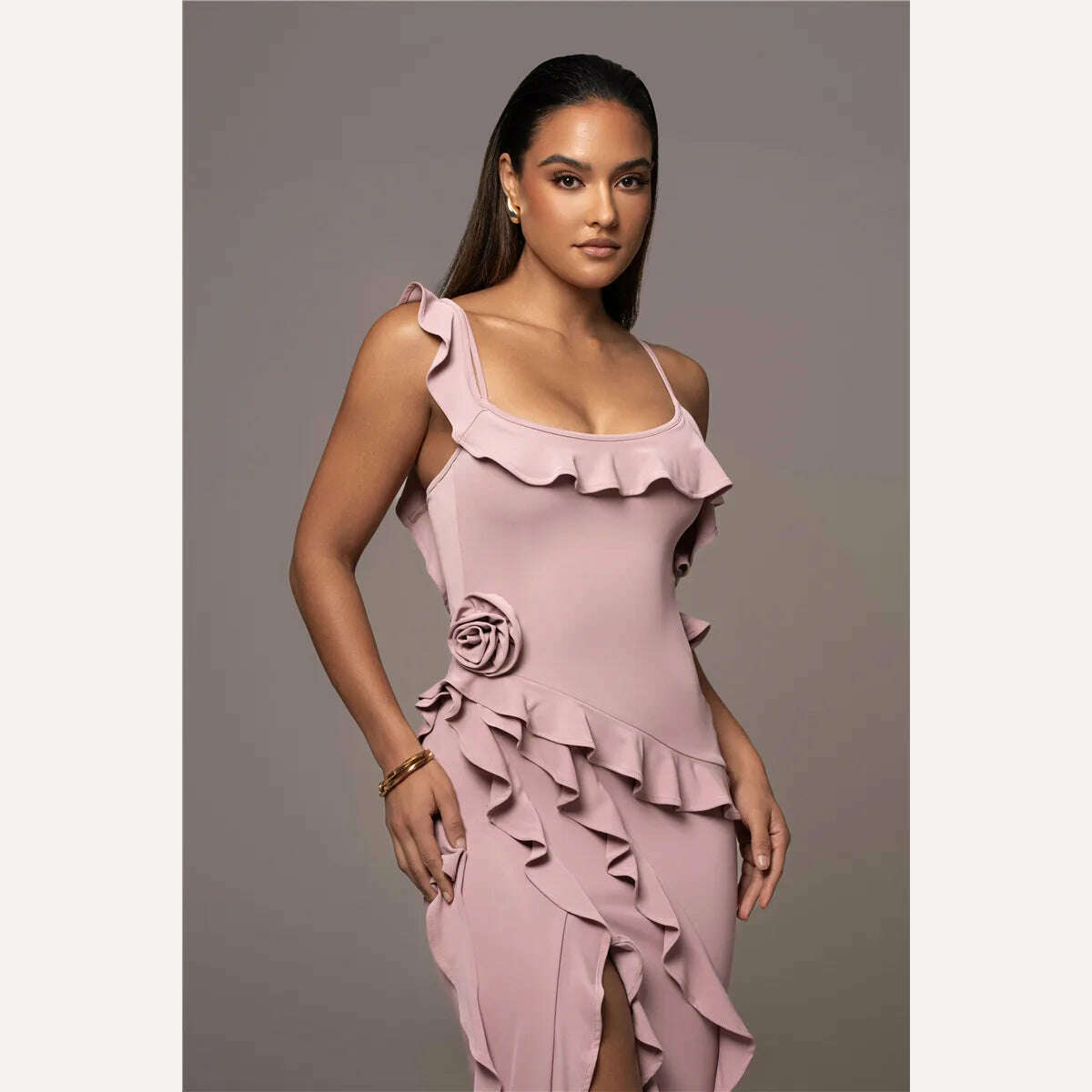 Mozision Elegant Ruffle Sexy Maxi Dress Women Spaghetti Strap Flower Sleeveless Backless High Split Club Party Evening Dress - KIMLUD