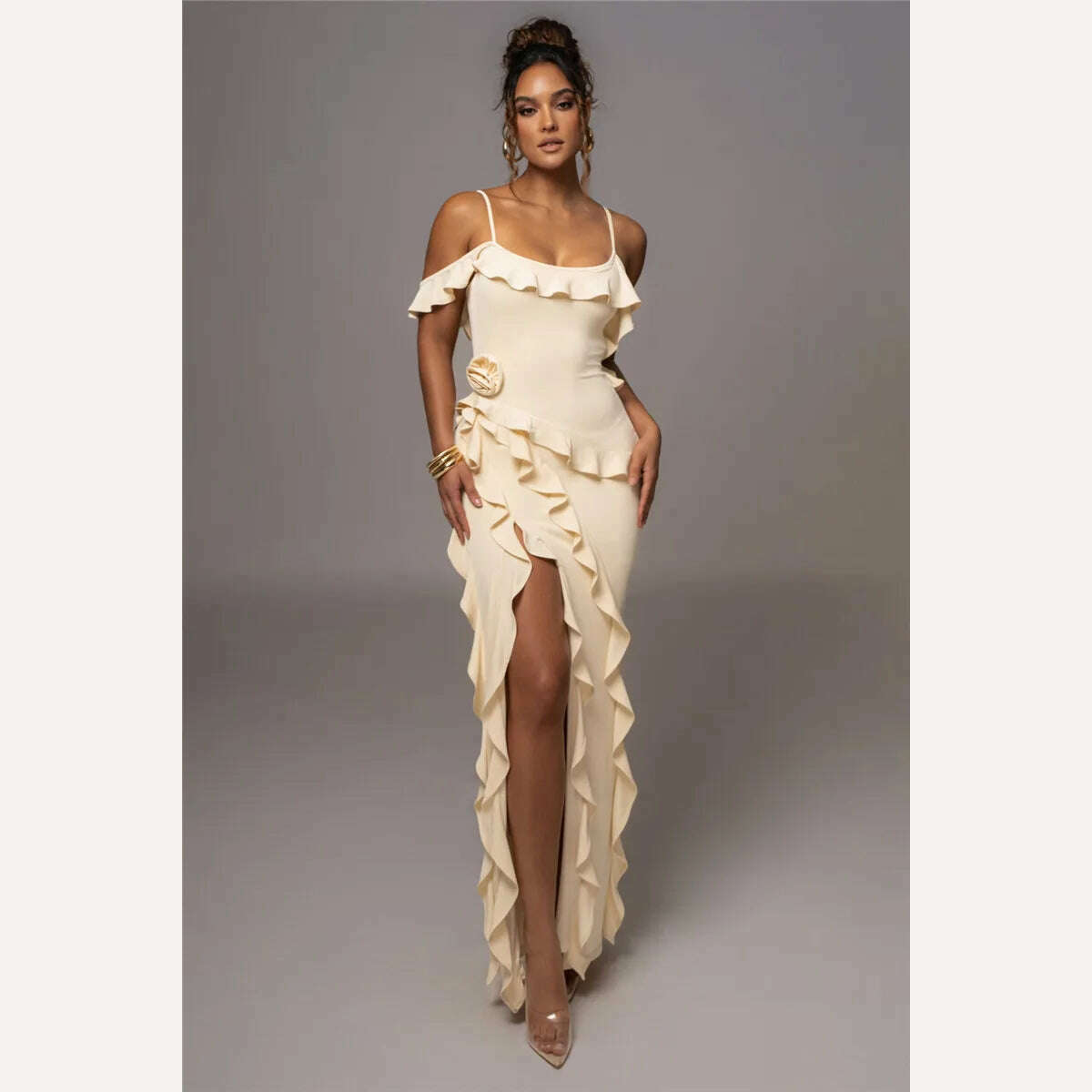 Mozision Elegant Ruffle Sexy Maxi Dress Women Spaghetti Strap Flower Sleeveless Backless High Split Club Party Evening Dress - KIMLUD