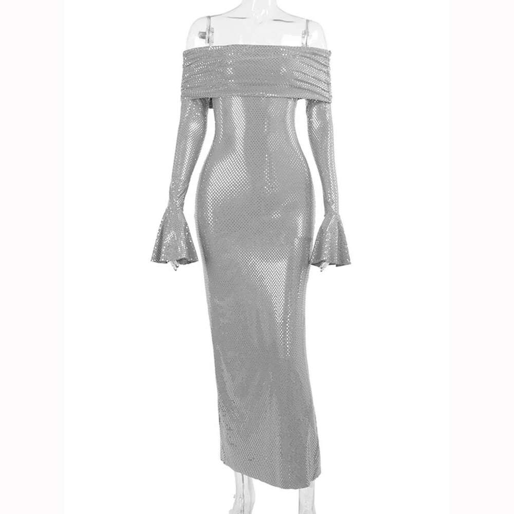 Mozision Elegant Strapless Sparkle Maxi Dress For Women Fashion Off-shoulder Backless Long Flare Sleeve Bodycon Club Party Dress - KIMLUD
