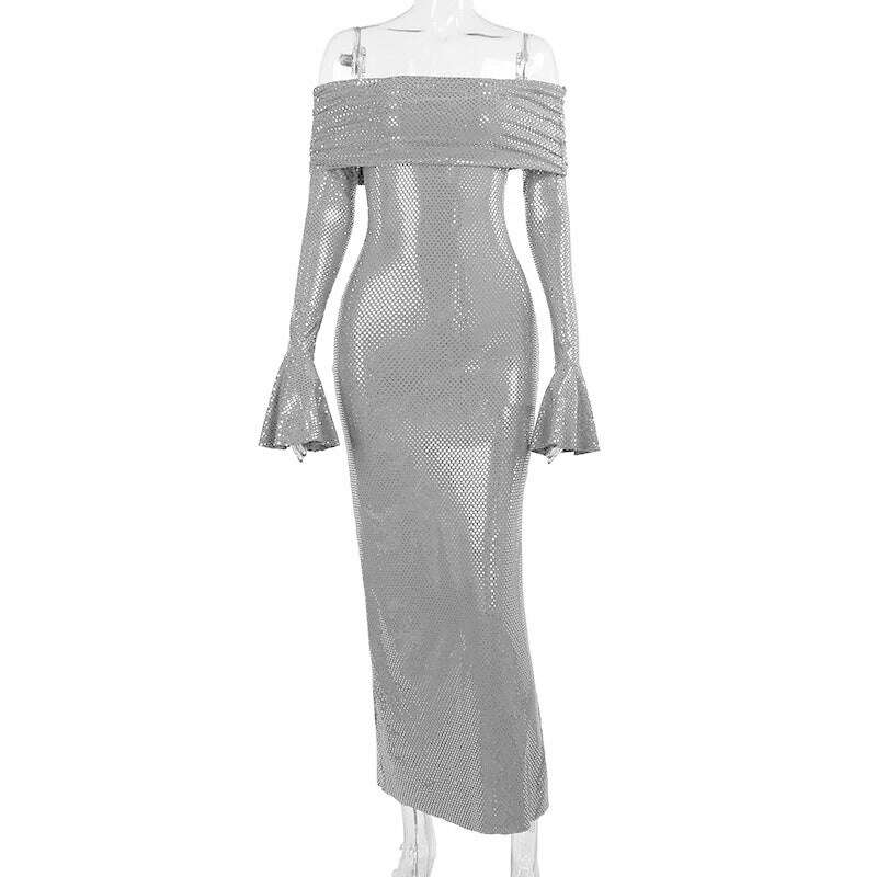 Mozision Elegant Strapless Sparkle Maxi Dress For Women Fashion Off-shoulder Backless Long Flare Sleeve Bodycon Club Party Dress - KIMLUD