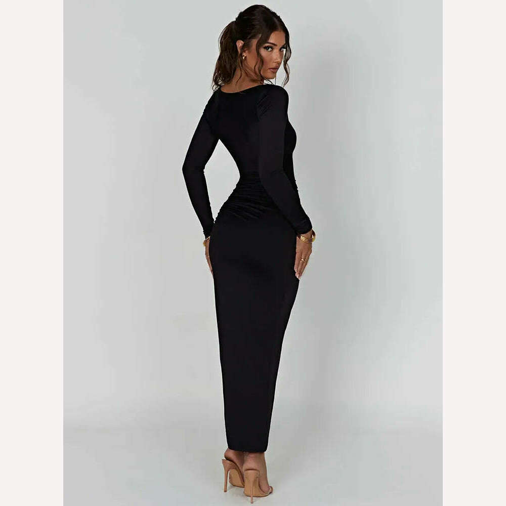 Mozision Long Sleeve Ruched High Split Maxi Dress Women Square Collar Drawstring Bodycon Sexy Party Long Dress Elegant Autumn - KIMLUD