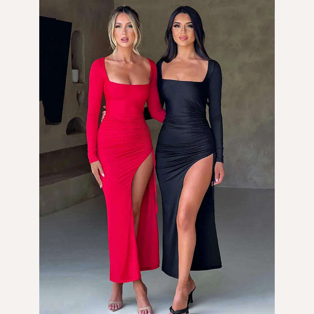 Mozision Long Sleeve Ruched High Split Maxi Dress Women Square Collar Drawstring Bodycon Sexy Party Long Dress Elegant Autumn - KIMLUD