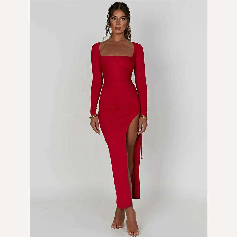 Mozision Long Sleeve Ruched High Split Maxi Dress Women Square Collar Drawstring Bodycon Sexy Party Long Dress Elegant Autumn - KIMLUD