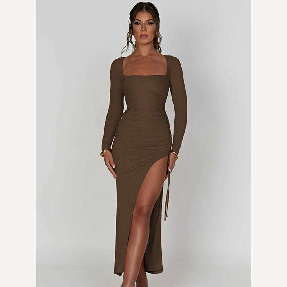 Mozision Long Sleeve Ruched High Split Maxi Dress Women Square Collar Drawstring Bodycon Sexy Party Long Dress Elegant Autumn - KIMLUD
