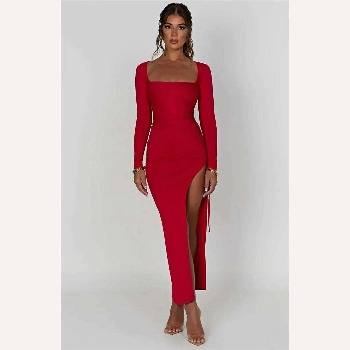 Mozision Long Sleeve Ruched High Split Maxi Dress Women Square Collar Drawstring Bodycon Sexy Party Long Dress Elegant Autumn - KIMLUD