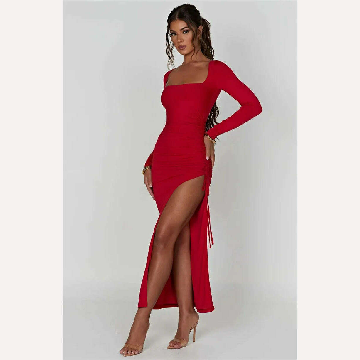 Mozision Long Sleeve Ruched High Split Maxi Dress Women Square Collar Drawstring Bodycon Sexy Party Long Dress Elegant Autumn - KIMLUD