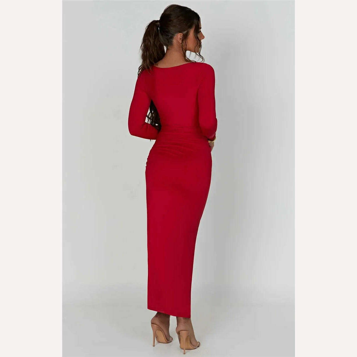 Mozision Long Sleeve Ruched High Split Maxi Dress Women Square Collar Drawstring Bodycon Sexy Party Long Dress Elegant Autumn - KIMLUD