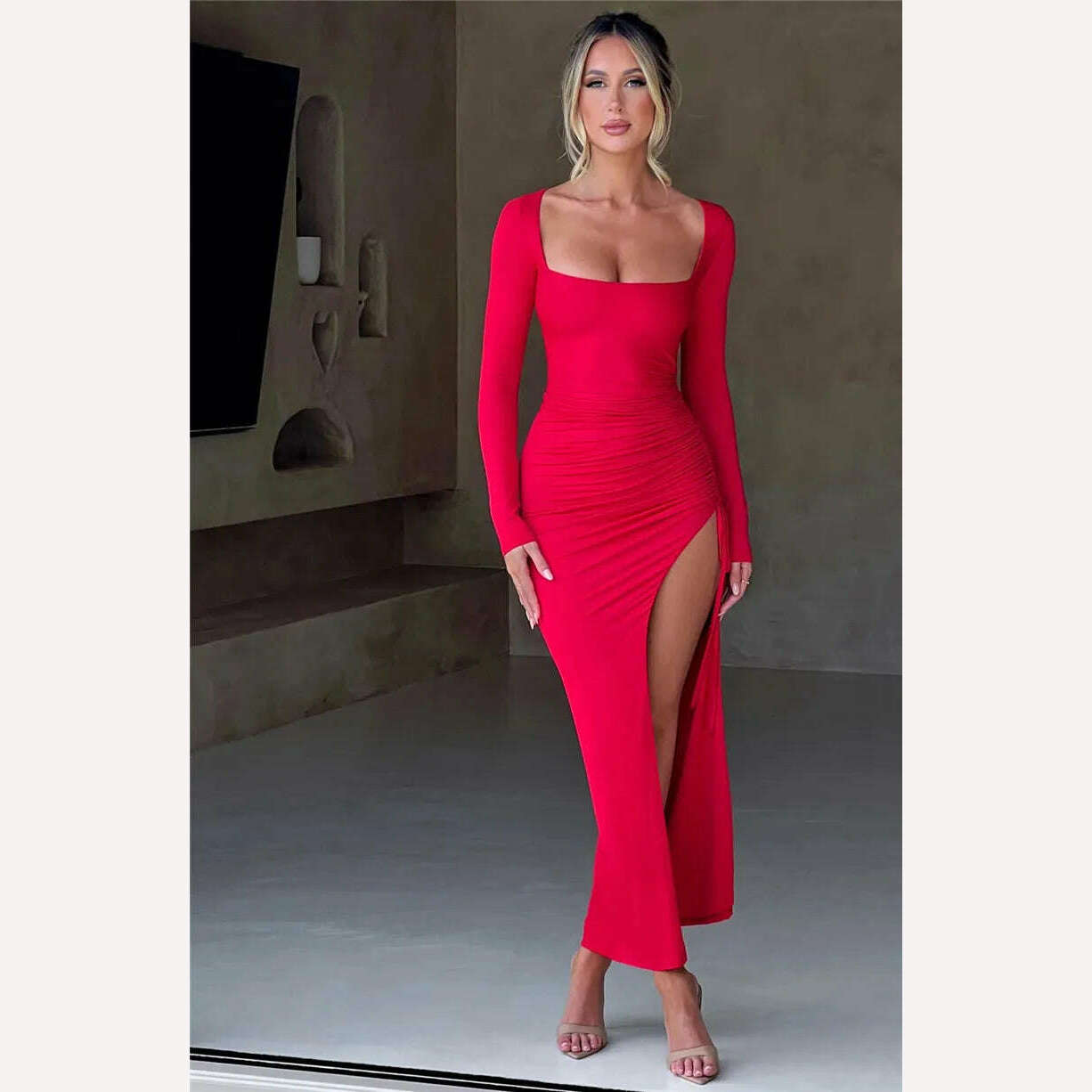 Mozision Long Sleeve Ruched High Split Maxi Dress Women Square Collar Drawstring Bodycon Sexy Party Long Dress Elegant Autumn - KIMLUD