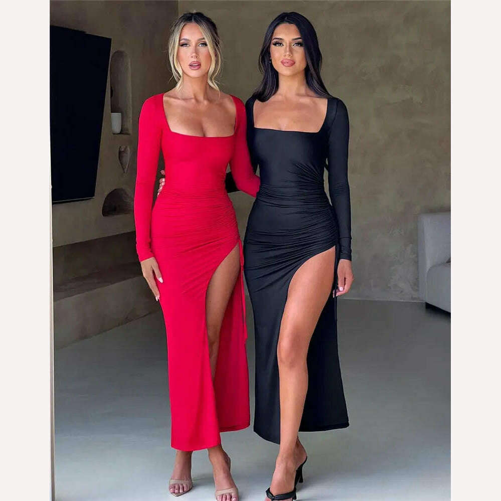 Mozision Long Sleeve Ruched High Split Maxi Dress Women Square Collar Drawstring Bodycon Sexy Party Long Dress Elegant Autumn - KIMLUD