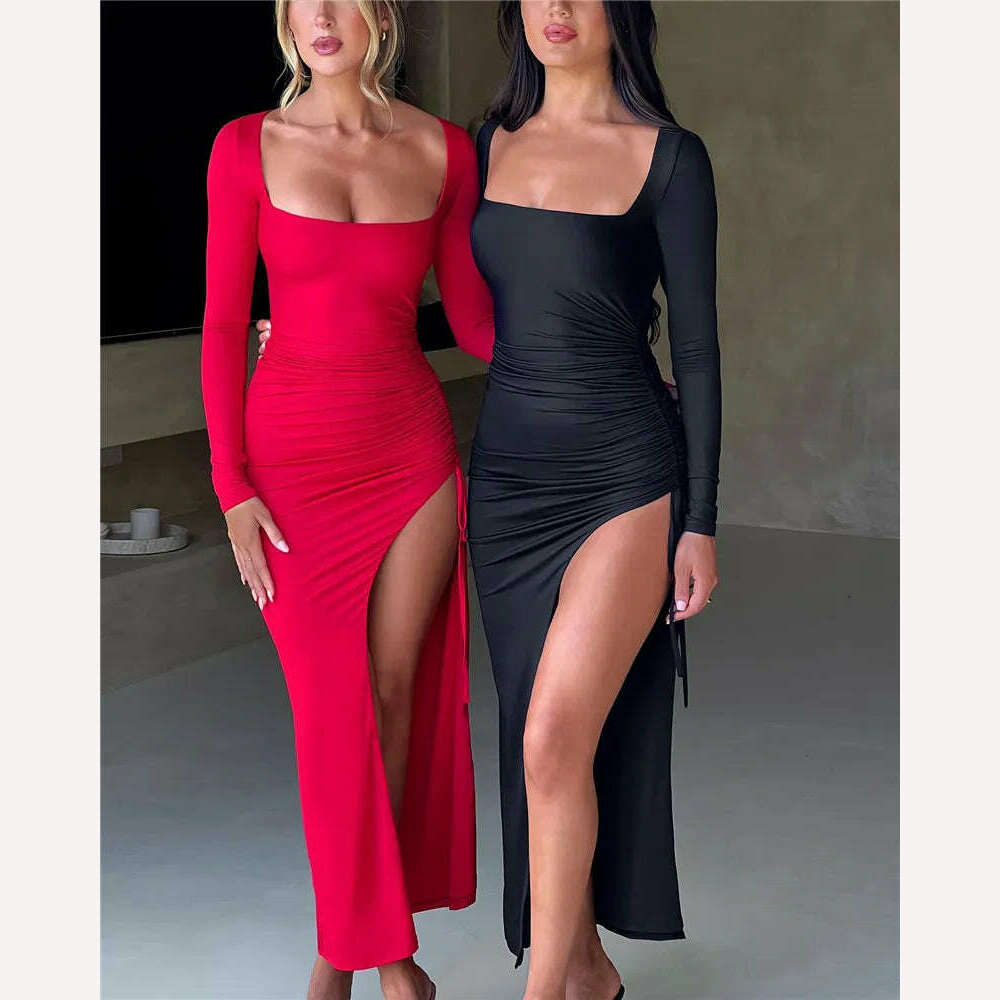 Mozision Long Sleeve Ruched High Split Maxi Dress Women Square Collar Drawstring Bodycon Sexy Party Long Dress Elegant Autumn - KIMLUD