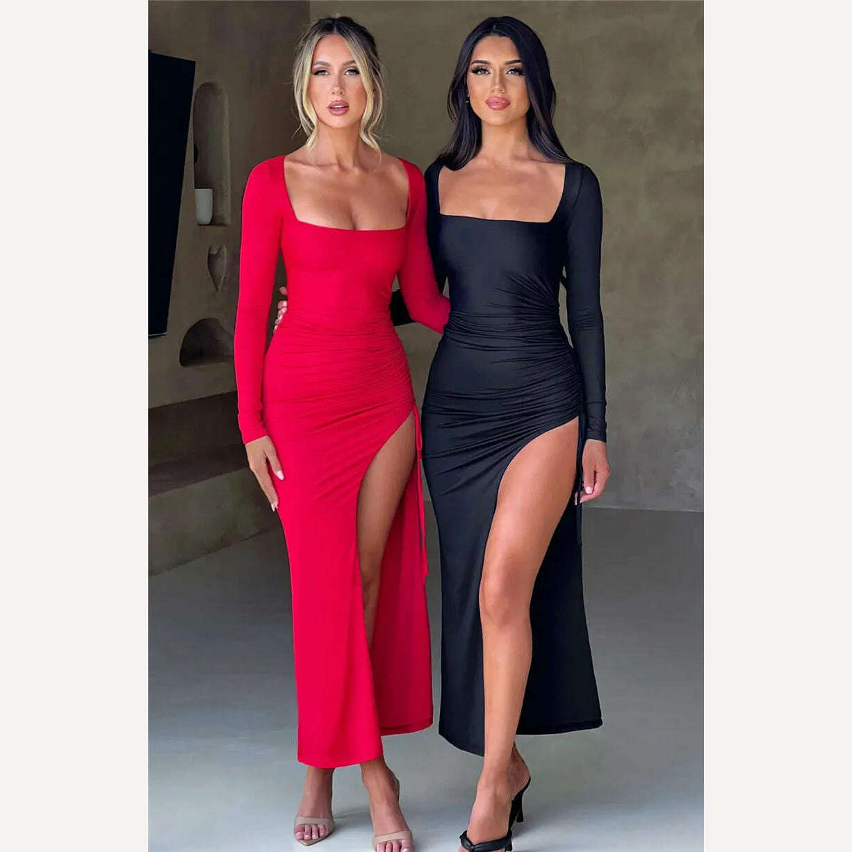 Mozision Long Sleeve Ruched High Split Maxi Dress Women Square Collar Drawstring Bodycon Sexy Party Long Dress Elegant Autumn - KIMLUD