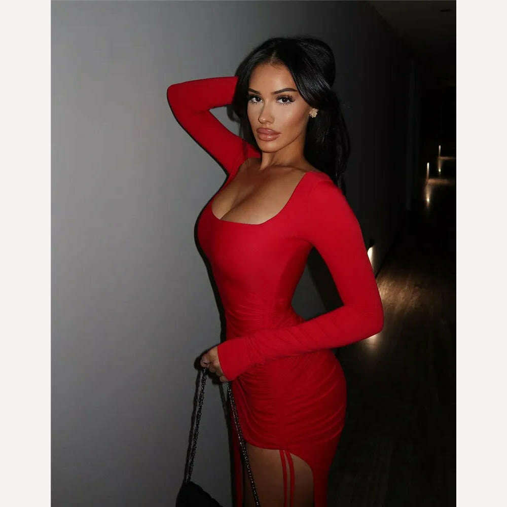 Mozision Long Sleeve Ruched High Split Maxi Dress Women Square Collar Drawstring Bodycon Sexy Party Long Dress Elegant Autumn - KIMLUD