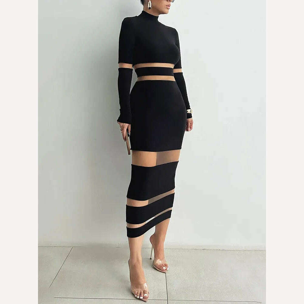 KIMLUD, Mozision Patchwork Bodycon Sexy Midi Dress For Women 2023 Autumn Winter New Turtleneck Long Sleeve Club Party Sexy Dress Elegant, Black / S, KIMLUD Womens Clothes