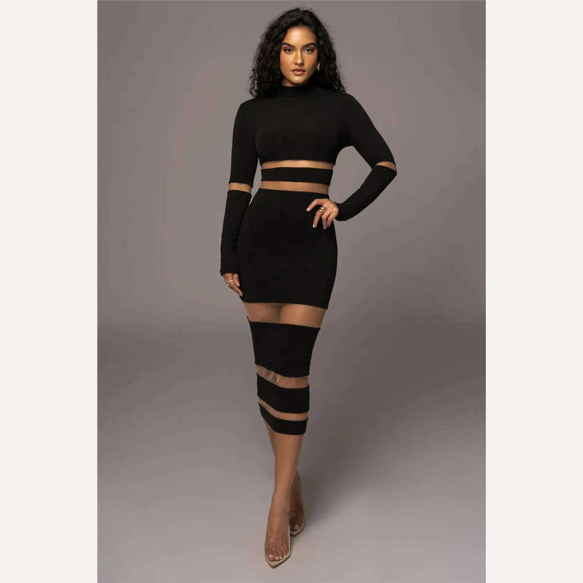 Mozision Patchwork Bodycon Sexy Midi Dress For Women 2023 Autumn Winter New Turtleneck Long Sleeve Club Party Sexy Dress Elegant - KIMLUD