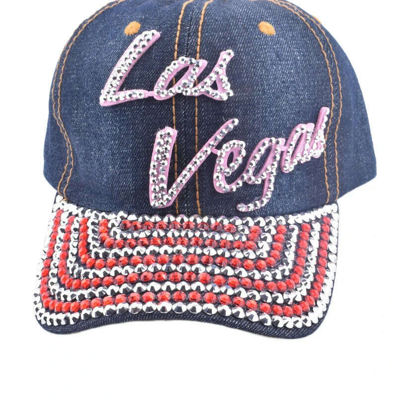 Multi-color Bling Baseball Hats for Women Denim Rhinestone Studded Cap with Texts - KIMLUD