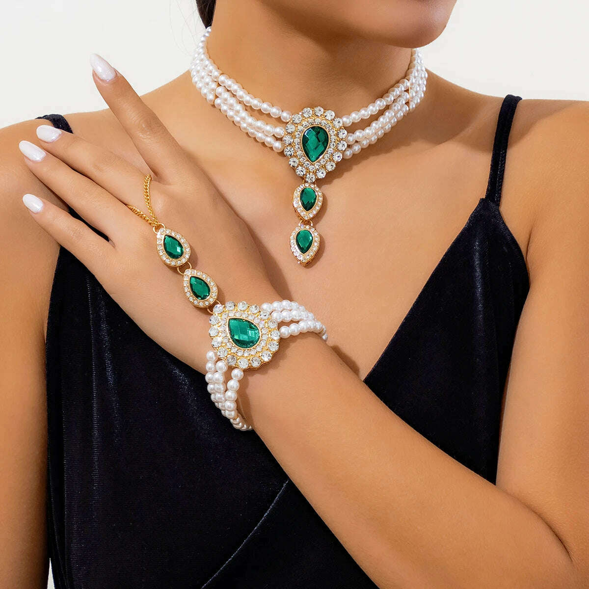 Multilayer Elegant Imitation Pearl Chain Necklace Bracelet for Women Creative Water Drop Rhinestone Jewelry Set Wed Accessories - KIMLUD