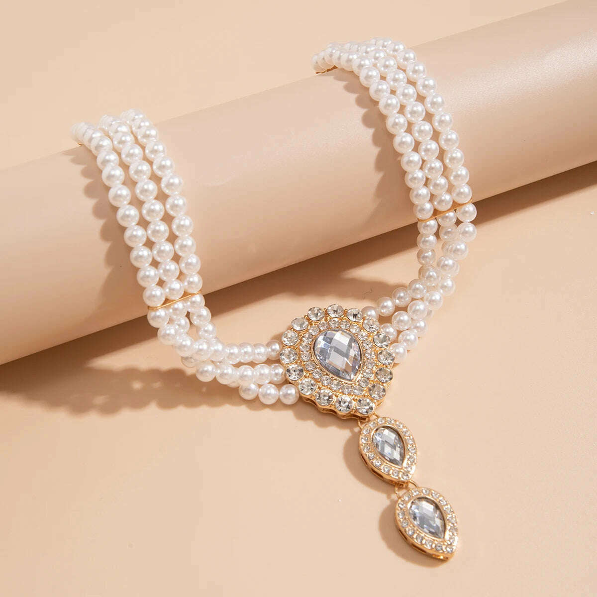 Multilayer Elegant Imitation Pearl Chain Necklace Bracelet for Women Creative Water Drop Rhinestone Jewelry Set Wed Accessories - KIMLUD