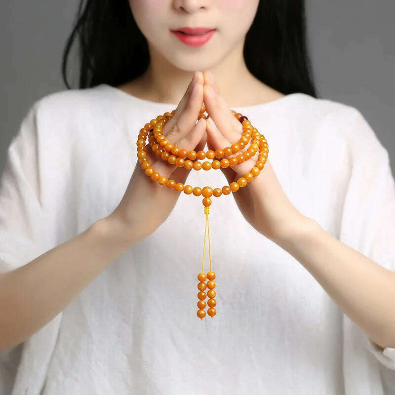KIMLUD, Myanmar Old Beeswax Circle 108 Beads Original Mineral Beeswax Amber Original Stone Necklace for Men and Women Hard Bracelets, KIMLUD Womens Clothes