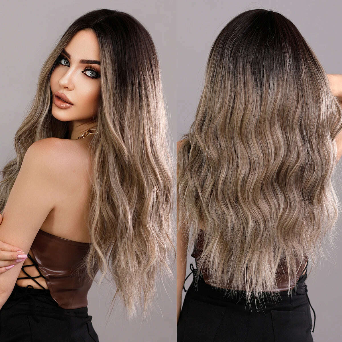 NAMM Long Wavy Ombre Blonde Wigs for Women Cosplay Daily Party Synthetic Light Orange Hair Wig Lolita Heat Resistant Fiber - KIMLUD