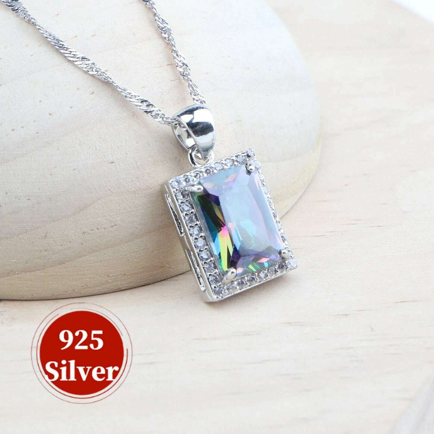 KIMLUD, Natural Magic Rainbow CZ Bridal Jewelry Sets 925 Silver Stones Bracelets Earrings Rings Pendant Necklace Set For Women, KIMLUD Womens Clothes
