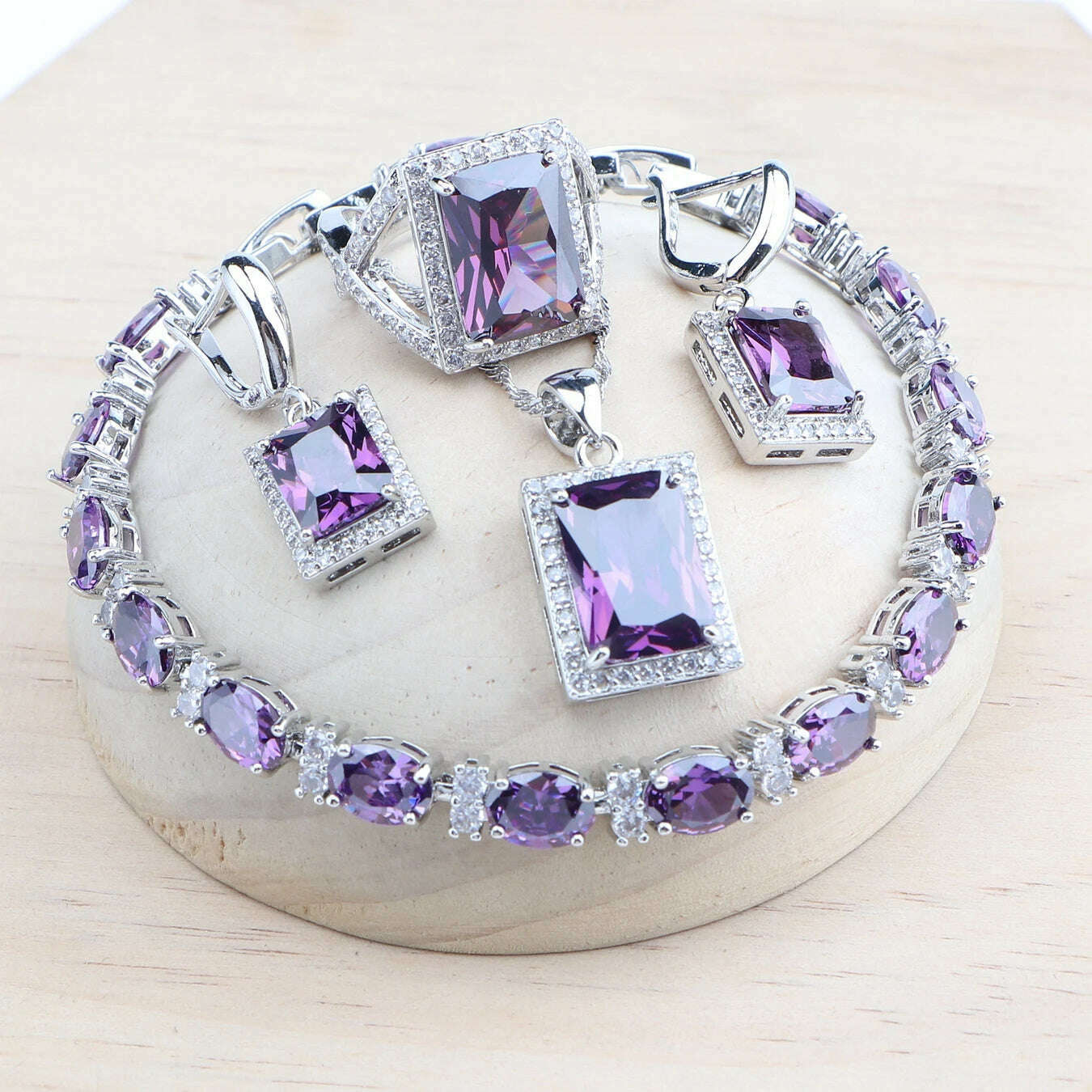 KIMLUD, Natural Magic Rainbow CZ Bridal Jewelry Sets 925 Silver Stones Bracelets Earrings Rings Pendant Necklace Set For Women, 4PCS-Purple / 7, KIMLUD APPAREL - Womens Clothes