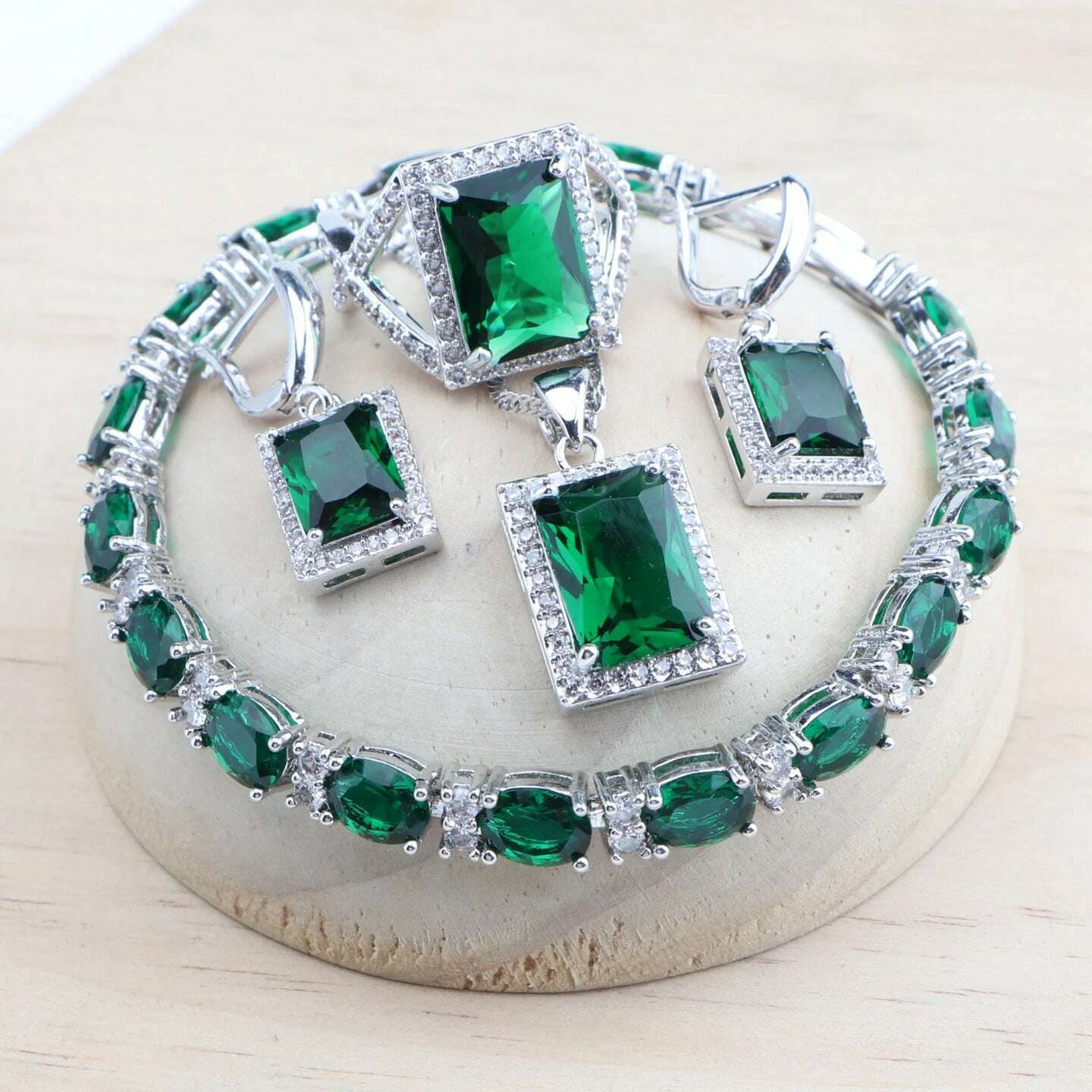 KIMLUD, Natural Magic Rainbow CZ Bridal Jewelry Sets 925 Silver Stones Bracelets Earrings Rings Pendant Necklace Set For Women, 4PCS-Green / 6, KIMLUD APPAREL - Womens Clothes