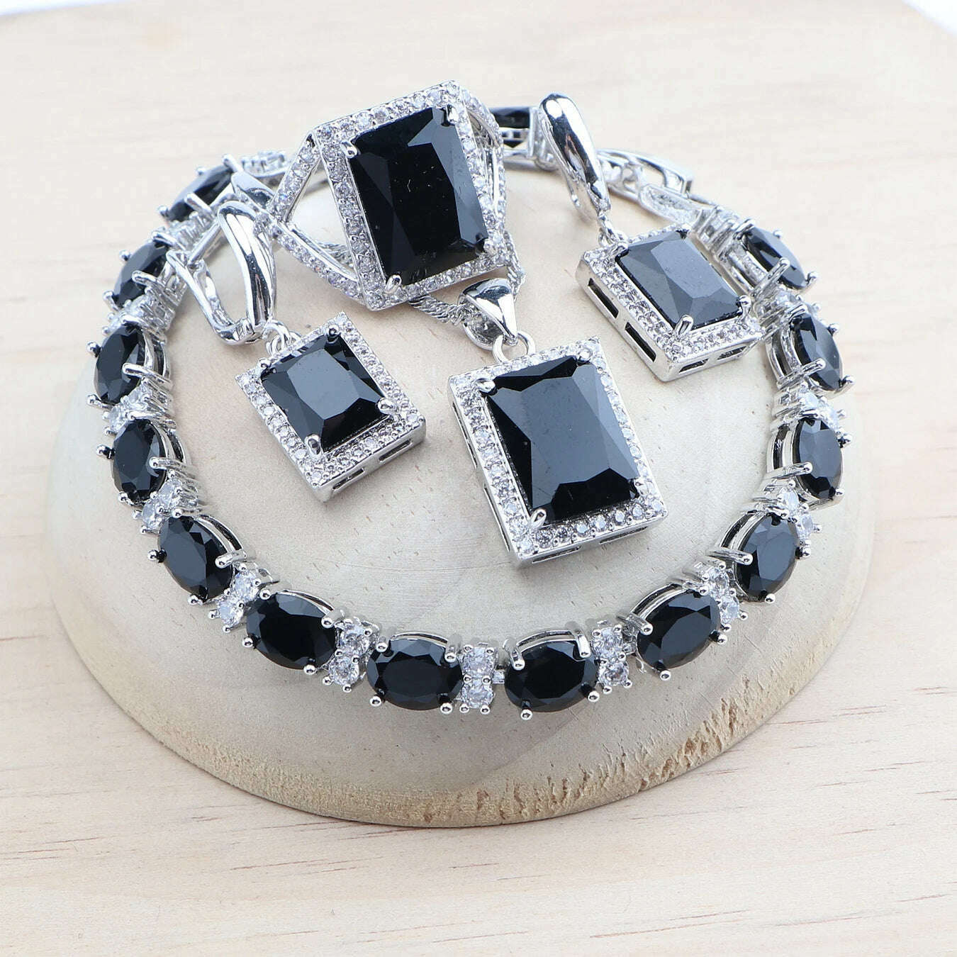 KIMLUD, Natural Magic Rainbow CZ Bridal Jewelry Sets 925 Silver Stones Bracelets Earrings Rings Pendant Necklace Set For Women, 4PCS-Black / 6, KIMLUD APPAREL - Womens Clothes