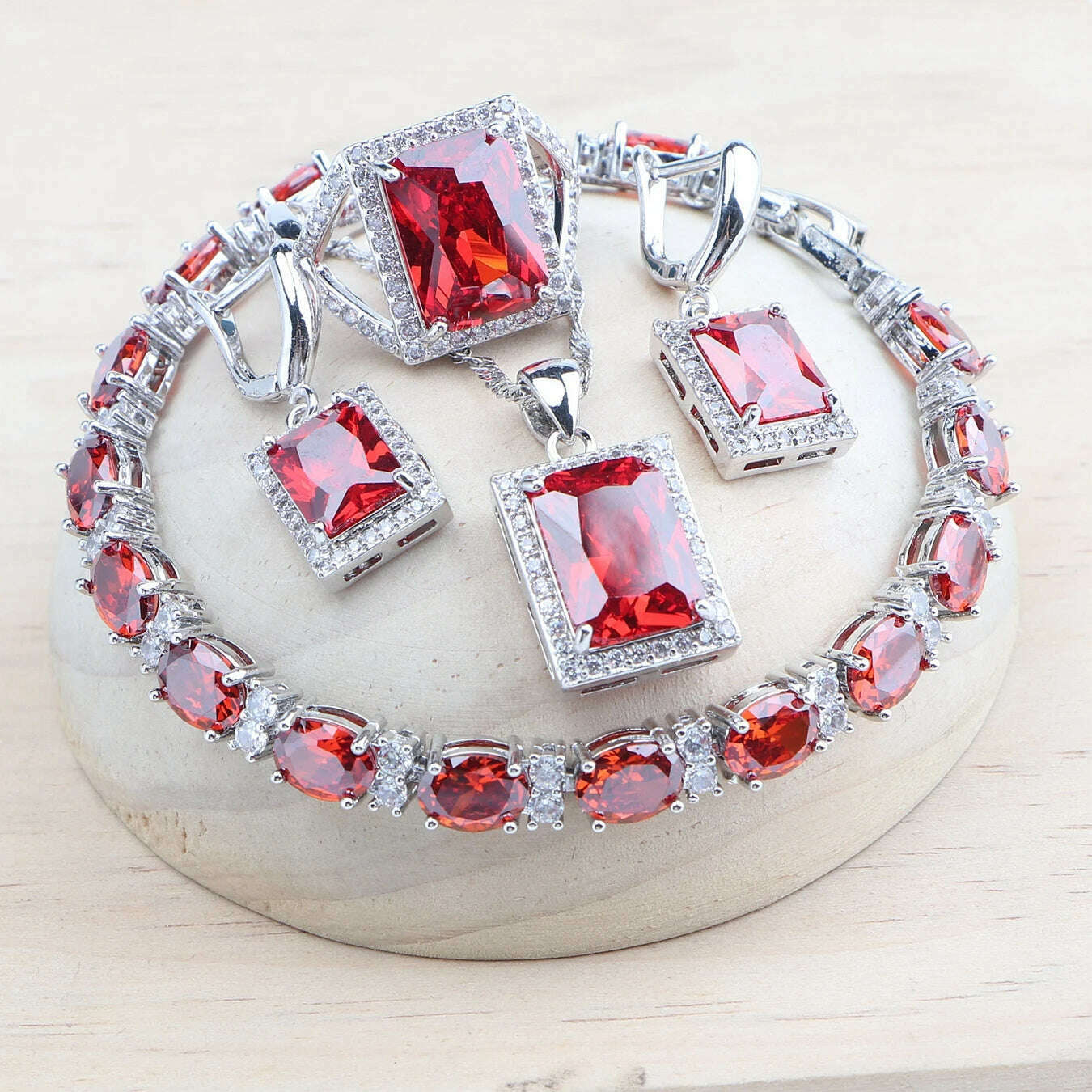 KIMLUD, Natural Magic Rainbow CZ Bridal Jewelry Sets 925 Silver Stones Bracelets Earrings Rings Pendant Necklace Set For Women, 4PCS-Red / 8, KIMLUD APPAREL - Womens Clothes