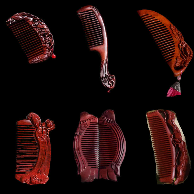 KIMLUD, Natural Rhinoceros Horn Small Leaf Red Sandalwood Carved Wood Comb Retro Style Massage Comb Gifts with comb, KIMLUD Womens Clothes