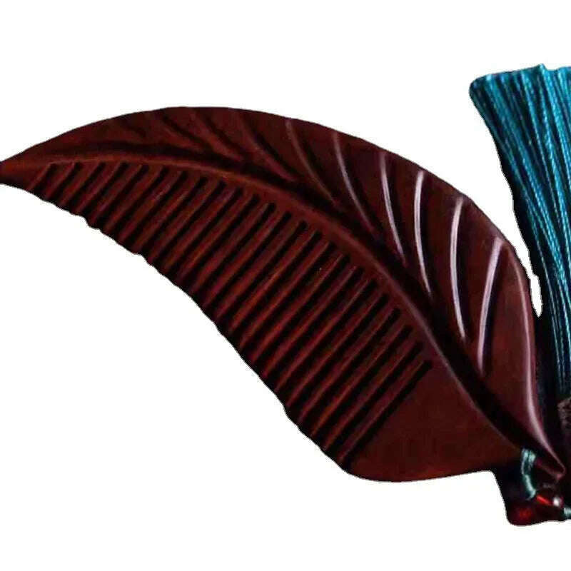 KIMLUD, Natural Rhinoceros Horn Small Leaf Red Sandalwood Carved Wood Comb Retro Style Massage Comb Gifts with comb, KIMLUD Womens Clothes