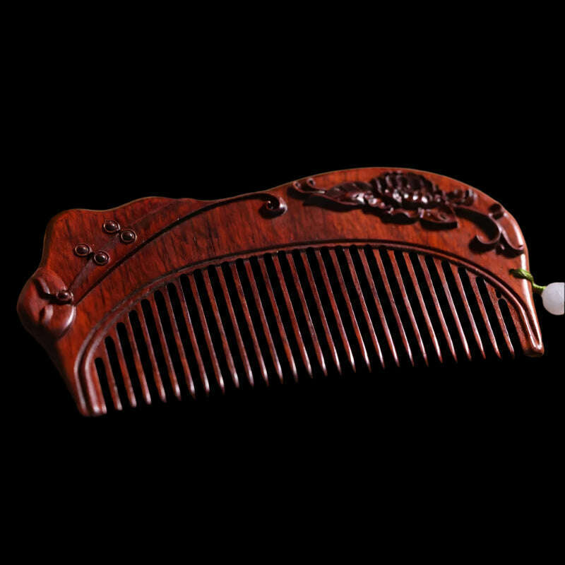 KIMLUD, Natural Rhinoceros Horn Small Leaf Red Sandalwood Carved Wood Comb Retro Style Massage Comb Gifts with comb, 16, KIMLUD APPAREL - Womens Clothes