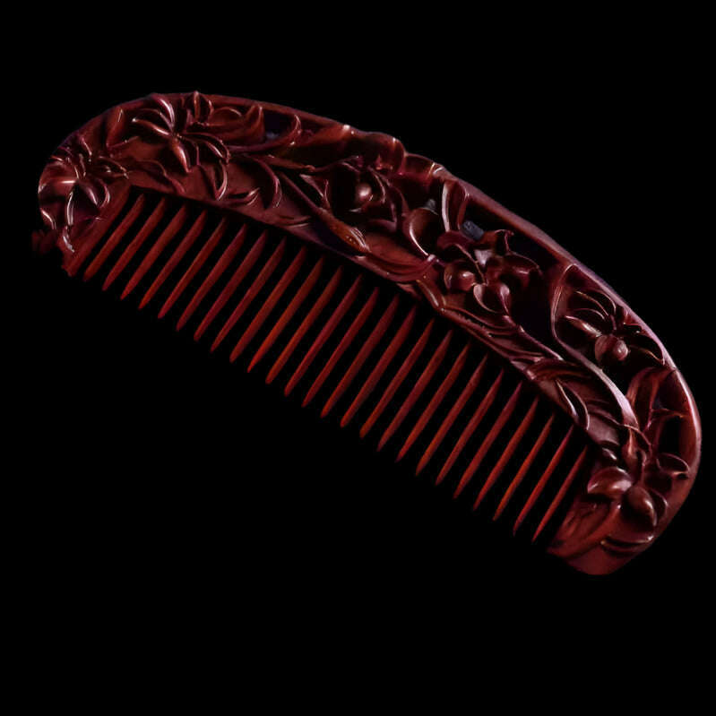KIMLUD, Natural Rhinoceros Horn Small Leaf Red Sandalwood Carved Wood Comb Retro Style Massage Comb Gifts with comb, 14, KIMLUD APPAREL - Womens Clothes