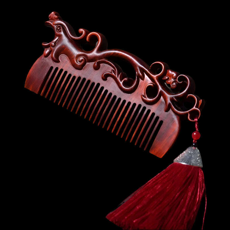KIMLUD, Natural Rhinoceros Horn Small Leaf Red Sandalwood Carved Wood Comb Retro Style Massage Comb Gifts with comb, 3, KIMLUD APPAREL - Womens Clothes