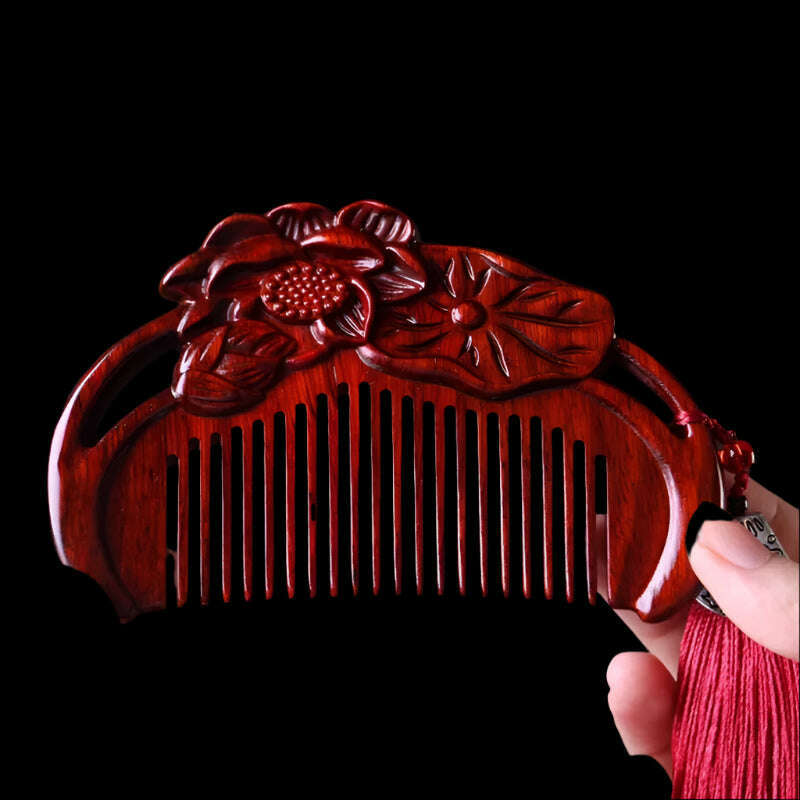 KIMLUD, Natural Rhinoceros Horn Small Leaf Red Sandalwood Carved Wood Comb Retro Style Massage Comb Gifts with comb, 6, KIMLUD APPAREL - Womens Clothes
