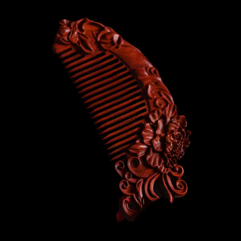 KIMLUD, Natural Rhinoceros Horn Small Leaf Red Sandalwood Carved Wood Comb Retro Style Massage Comb Gifts with comb, 15, KIMLUD APPAREL - Womens Clothes