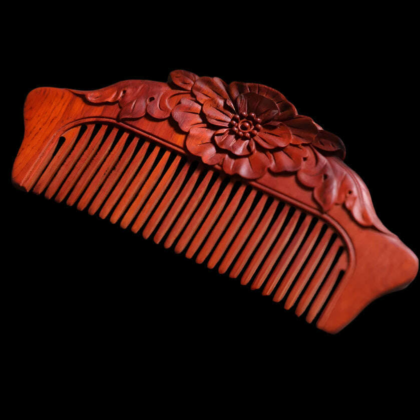 KIMLUD, Natural Rhinoceros Horn Small Leaf Red Sandalwood Carved Wood Comb Retro Style Massage Comb Gifts with comb, 2, KIMLUD APPAREL - Womens Clothes