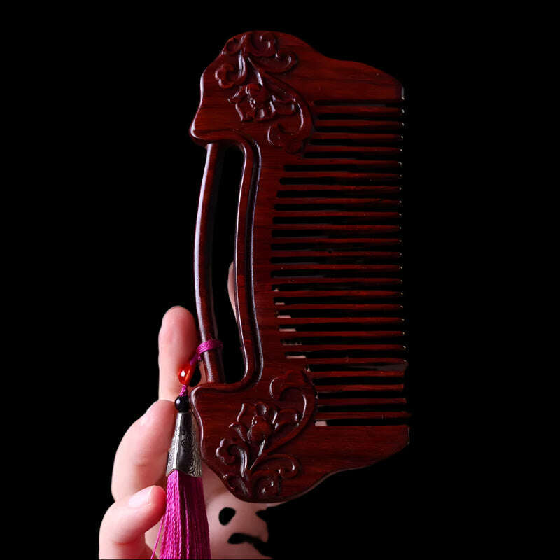 KIMLUD, Natural Rhinoceros Horn Small Leaf Red Sandalwood Carved Wood Comb Retro Style Massage Comb Gifts with comb, 18, KIMLUD APPAREL - Womens Clothes