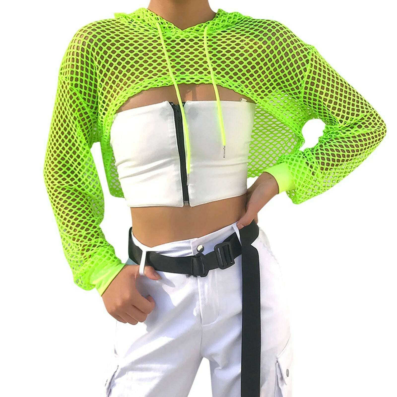 KIMLUD, Neon Green Mesh Fishnet Crop Top Women Perspective Smock Long Sleeve Sweatshirt Women's T-shirts Sexy Cropped Shirt Streetwear, KIMLUD Womens Clothes