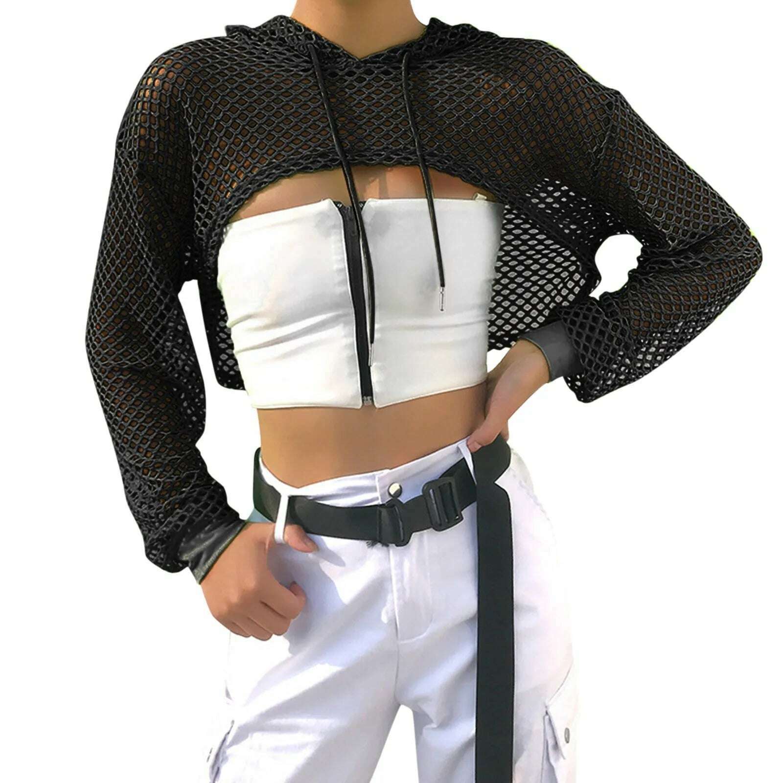 KIMLUD, Neon Green Mesh Fishnet Crop Top Women Perspective Smock Long Sleeve Sweatshirt Women's T-shirts Sexy Cropped Shirt Streetwear, KIMLUD Womens Clothes