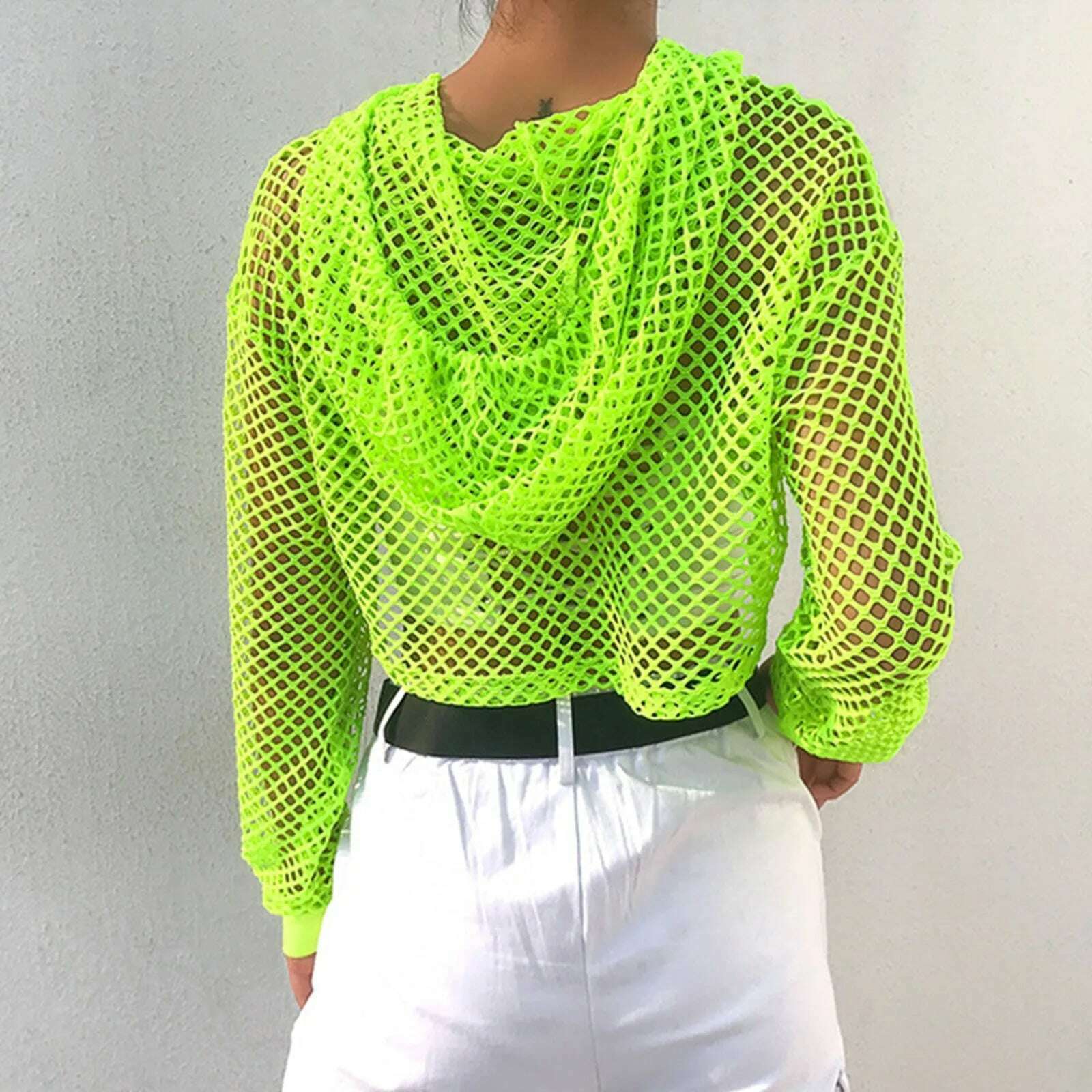 KIMLUD, Neon Green Mesh Fishnet Crop Top Women Perspective Smock Long Sleeve Sweatshirt Women's T-shirts Sexy Cropped Shirt Streetwear, KIMLUD Womens Clothes
