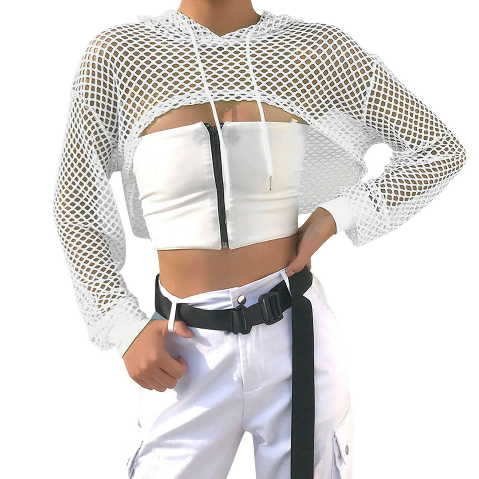 KIMLUD, Neon Green Mesh Fishnet Crop Top Women Perspective Smock Long Sleeve Sweatshirt Women's T-shirts Sexy Cropped Shirt Streetwear, WHITE / L / United States, KIMLUD APPAREL - Womens Clothes