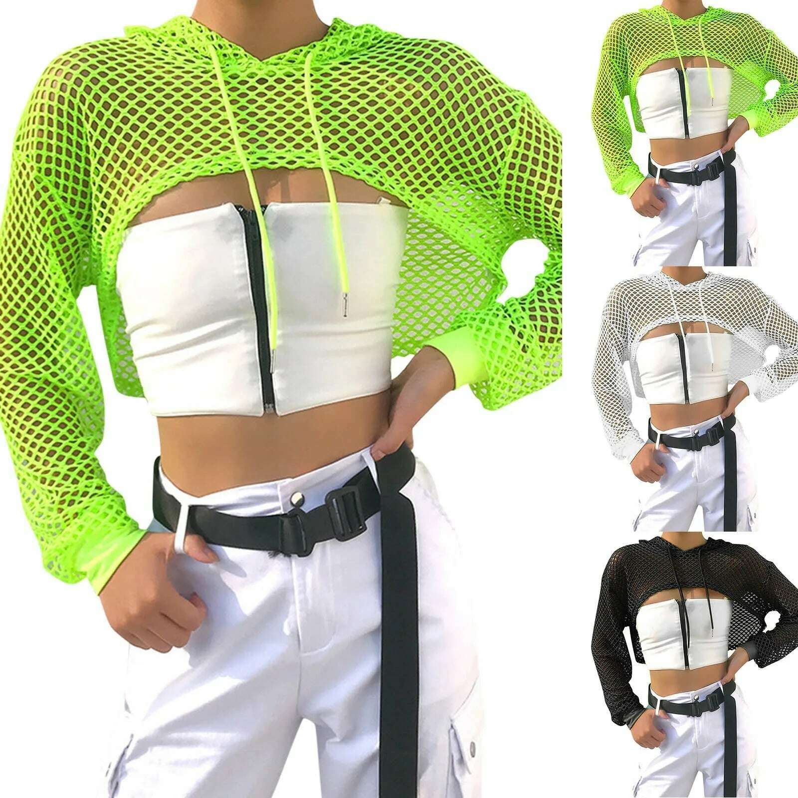 KIMLUD, Neon Green Mesh Fishnet Crop Top Women Perspective Smock Long Sleeve Sweatshirt Women's T-shirts Sexy Cropped Shirt Streetwear, KIMLUD Womens Clothes