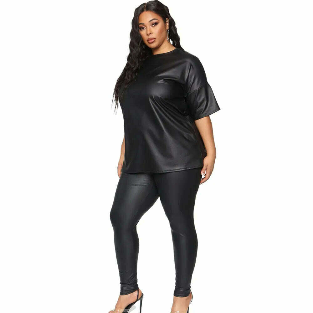 New Autumn / Winter Women Plus Size Two Piece Sets Pure Color O-neck Full Sleeve Sweatshirts + Skinny Pencil Pants PU Outfits - KIMLUD
