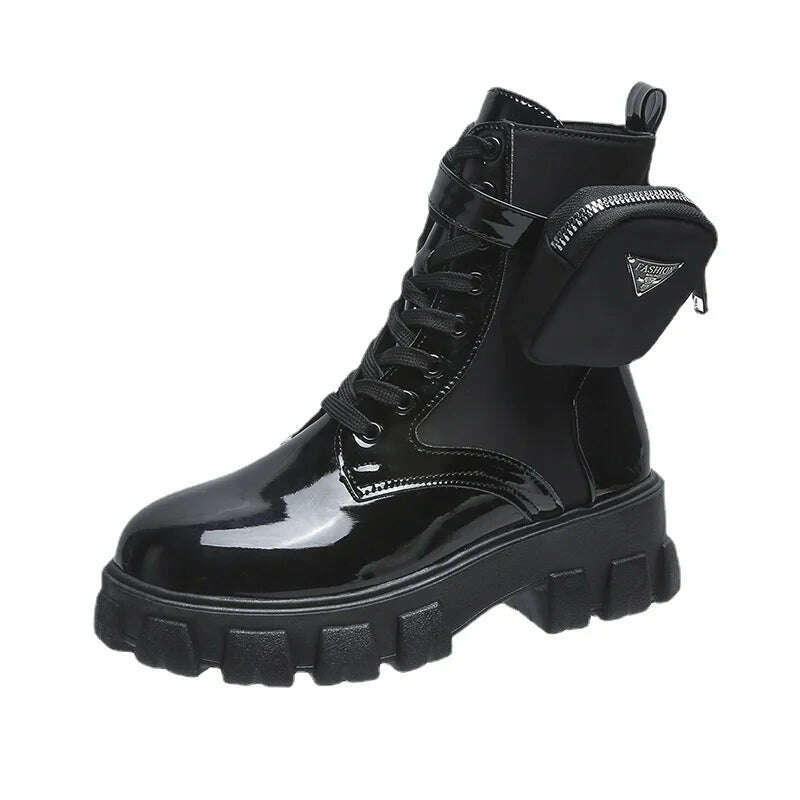 New Boots Women Motorcycle Ankle Boots Wedges Female Lace Up Platforms Spring Black Leather Oxford Shoes Women Botas Mujer Bag - KIMLUD