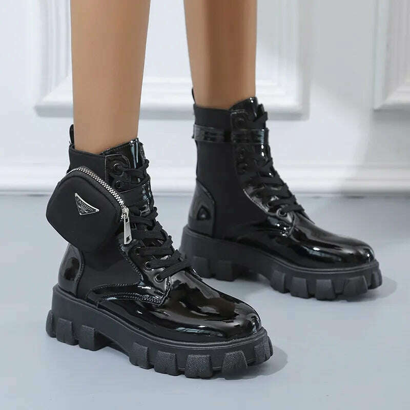 New Boots Women Motorcycle Ankle Boots Wedges Female Lace Up Platforms Spring Black Leather Oxford Shoes Women Botas Mujer Bag - KIMLUD