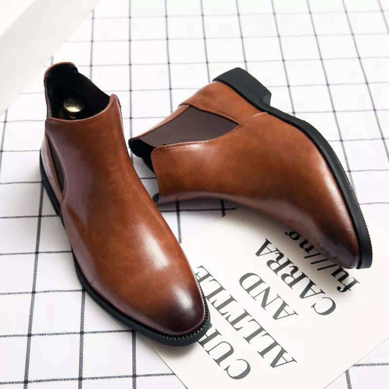 New Brown Chelsea Boots for Men Black Business Handmade Men's Short Boots Round Toe Slip-On Ankle Boots Free Shipping - KIMLUD