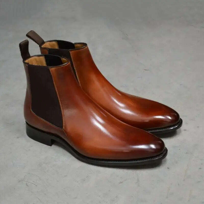 New Brown Chelsea Boots for Men Black Business Handmade Men's Short Boots Round Toe Slip-On Ankle Boots Free Shipping - KIMLUD